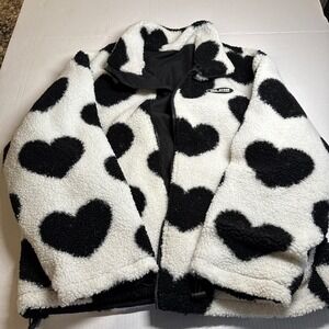 HCO STORE Womens Fleece Jacket Black White Heart Print Zip Up Casual Outerwear L